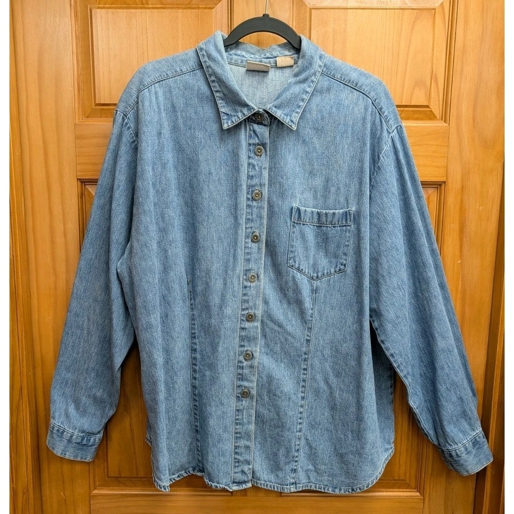 Crossroads Woman 2X Blue Jean Shirt Button-Down Front Long Sleeves Top Collard